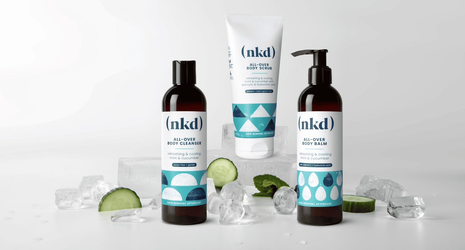 Image of nkd's waxing aftercare collection, highlighting the All-Over Body Balm, All-Over Body Cleanser, and All-Over Body Scrub, designed to soothe and nourish the skin post-waxing for smooth results