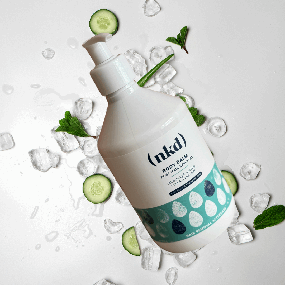 Visual featuring nkd's 500ml Professional Balm, a luxurious moisturiser formulated with natural ingredients to hydrate and calm skin after waxing, shaving, or epilating