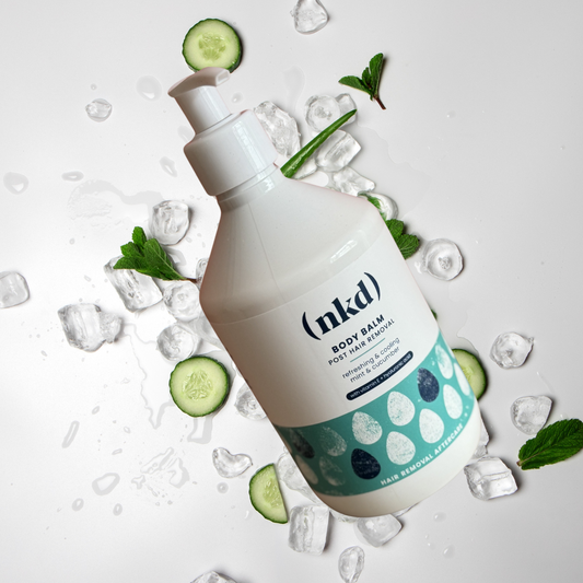 Visual featuring nkd's 500ml Professional Balm, a luxurious moisturiser formulated with natural ingredients to hydrate and calm skin after waxing, shaving, or epilating