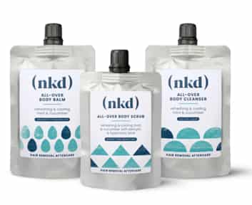 Travel-sized nkd products: All-Over Body Cleanser, All-Over Body Scrub, and All-Over Body Balm – Perfect skincare essentials for sensitive skin and ingrown hair prevention.