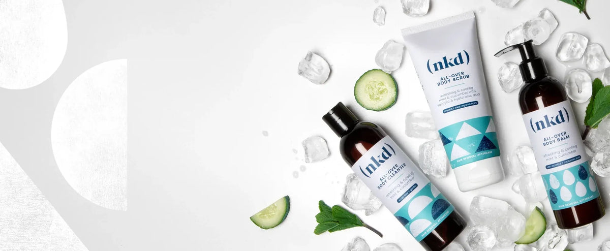 (nkd) bodycare products displayed with ice and fresh botanicals