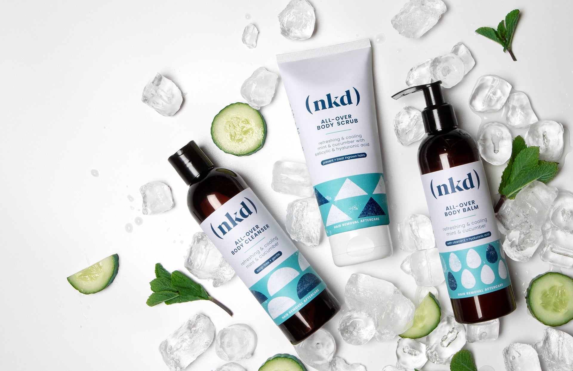 NKD luxury skincare featuring cleanser, balm, and scrub